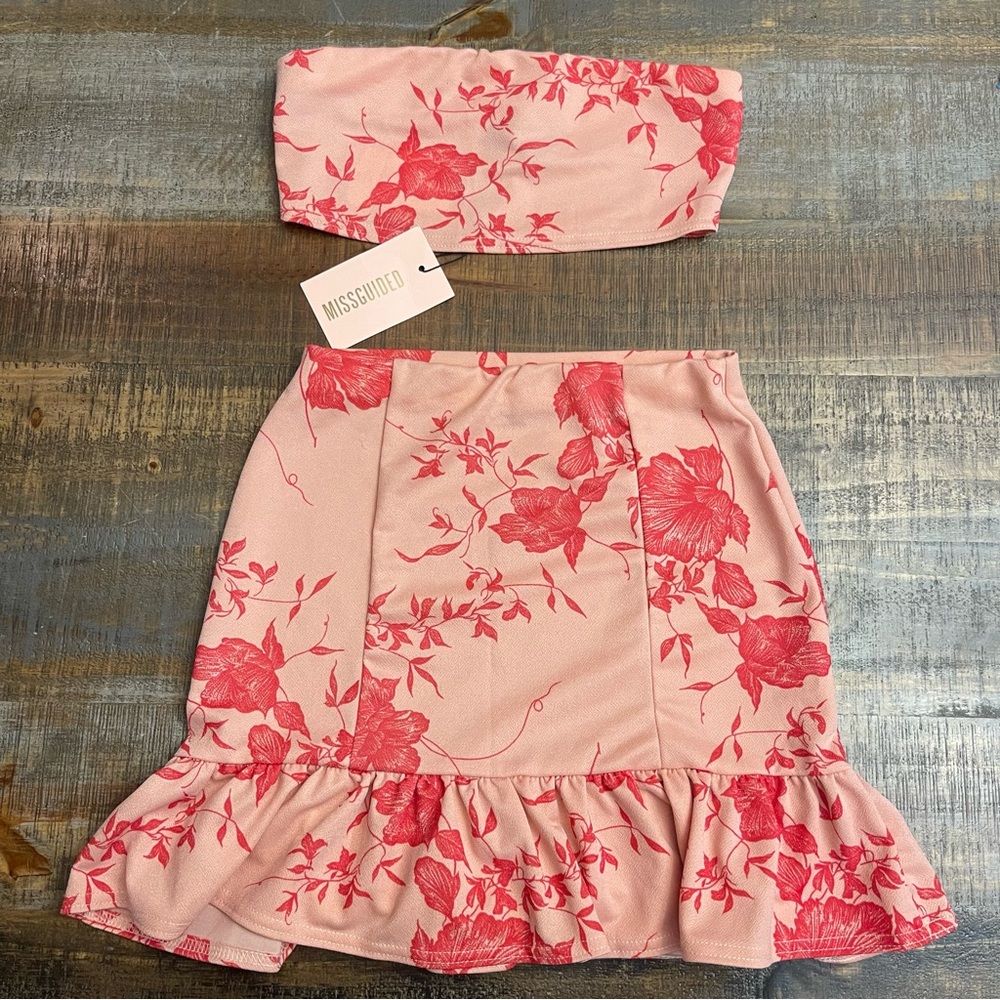 Missguided Coral Floral Skirt Set